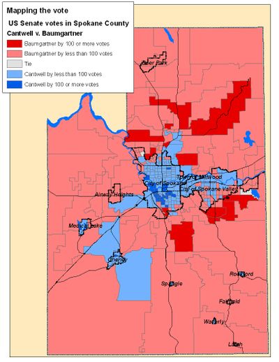 This is a map of the vote totals in the 2012 primary in Spokane County for Maria Cantwell and Mike Baumgartner. (Jim Camden)