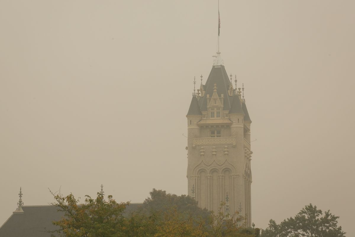 The Spokane County Superior Courthouse is seen through the haze on Sunday, Sept. 13, 2020 in downtown Spokane, Wash. The air quality was hazardous and hovered just below 500 at the time of this photo.  (Libby Kamrowski/The Spokesman-Review)