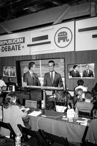 Screens show Florida Gov. Ron DeSantis, left, and the entrepreneur Vivek Ramaswamy during the first Republican presidential primary debate, at the Fiserv Forum in Milwaukee, Aug. 23, 2023. 