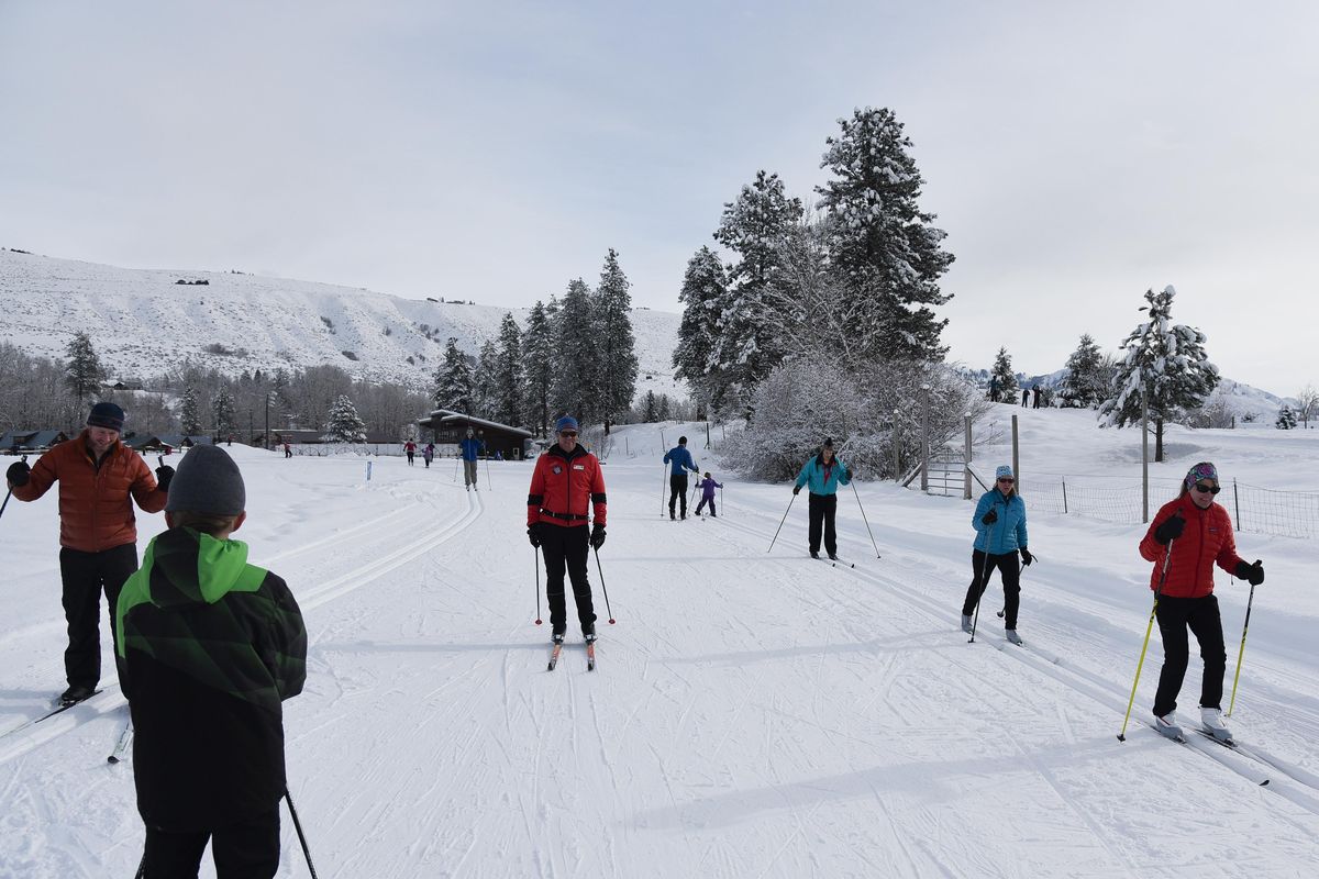 Bret Alumbaugh, center, teaches a group of cross country skiers in the Methow Valley on Friday, Jan. 26 2018. (Eli Francovich / The Spokesman-Review)