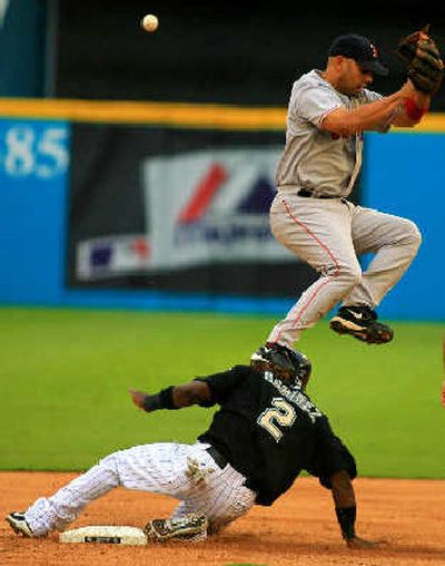 
Doug Mirabelli's throwing error sails into center during Hanley Ramirez's steal.
 (Associated Press / The Spokesman-Review)