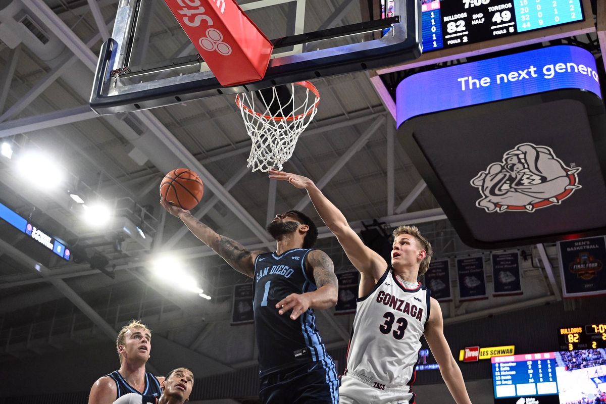 Gonzaga forward Ben Gregg defends a shot by San Diego guard Jase Townsend during the second half of the Bulldogs’ 97-72 West Coast Conference win Thursday at McCarthey Athletic Center.  (Colin Mulvany / The Spokesman-Review)