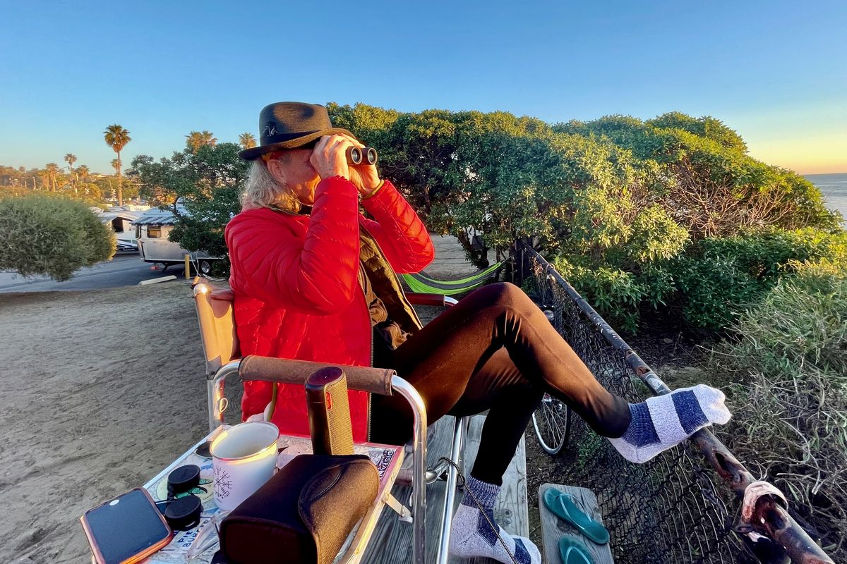 Our “crow’s nest” on top of a picnic table at San Elijo State Beach (Leslie Kelly)