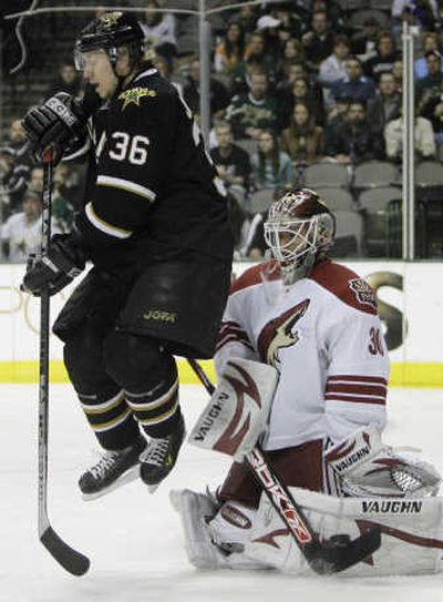 
Dallas' Jussi Jokinen jumps out of the way of Ilya Bryzgalov.Associated Press
 (Associated Press / The Spokesman-Review)