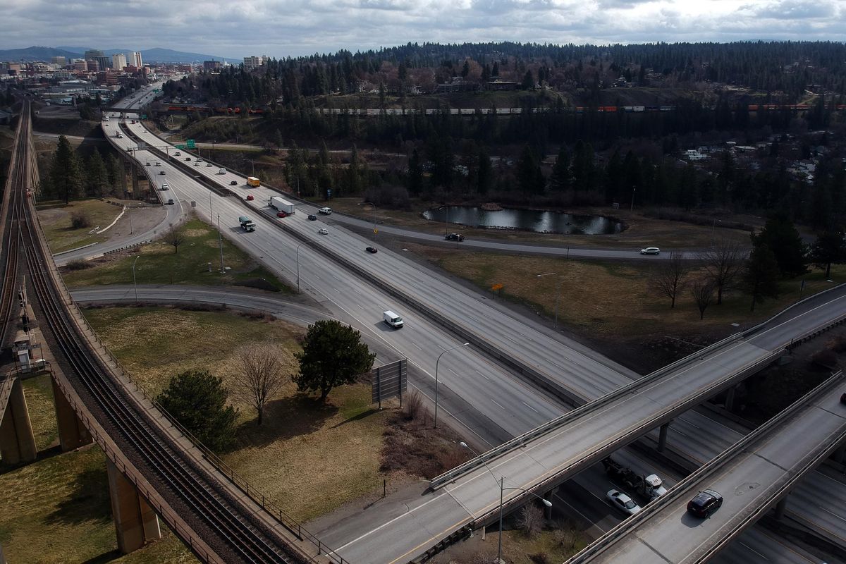 Traffic on I-90, seen here at the interchange with U.S. 195, is greatly reduced during the COVID-19 shutdown period. (Jesse Tinsley / The Spokesman-Review)