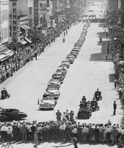 Thousands saw and cheered President Truman as he rode in an open car through downtown Spokane on June 9, 1948.  The President rode in the first car waving to the crowd near Riverside and Lincoln drawing heavy applause. Later in the afternoon he received the key to the city. Photo archive/The Spokesman-Review (SR)