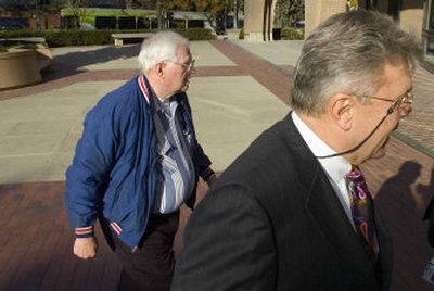 Orville Moe, left,  walks into the  U.S. Courthouse in Spokane with attorney Mark Vovos  on Thursday. 
 (Christopher Anderson / The Spokesman-Review)