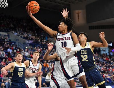 Gonzaga Bulldogs guard Hunter Sallis drives to the hoop during the second half of an exhibition college basketball game against Eastern Oregon on Sunday at the McCarthey Athletic Center in Spokane. Gonzaga won the game 115-62.  (Tyler Tjomsland/The Spokesman-Review)