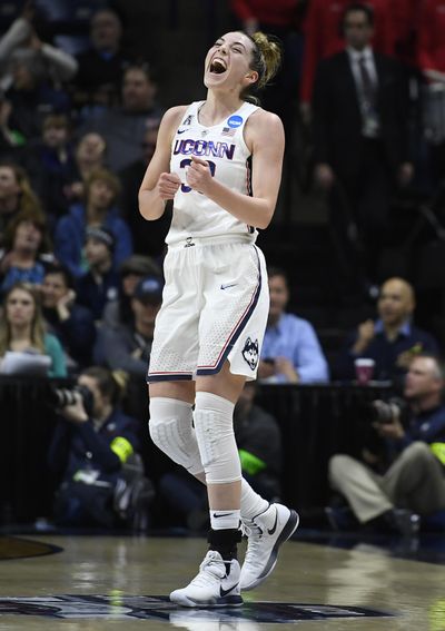 Connecticut’s Katie Lou Samuelson (33) reacts at the end of the first half of a first-round game against Saint Francis (Pa.) in the women’s NCAA Tournament in Storrs, Conn., Saturday, March 17, 2018. (Jessica Hill / Associated Press)
