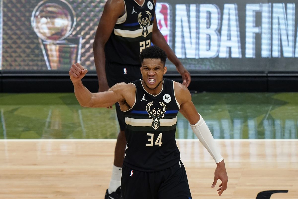 Milwaukee Bucks forward Giannis Antetokounmpo (34) reacts during the second half of Game 6 of basketball’s NBA Finals against the Phoenix Suns in Milwaukee, Tuesday, July 20, 2021.  (Associated Press)