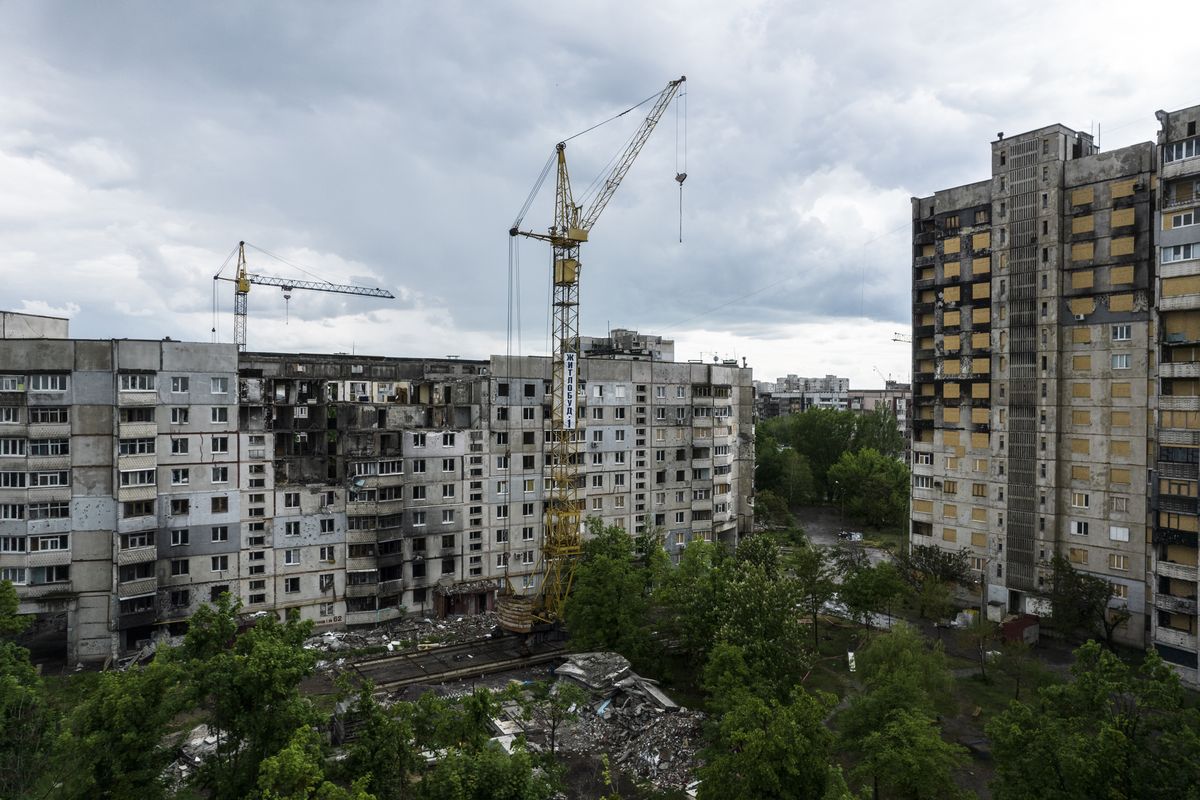 Damaged residential buildings in Saltivskyi, a district in the northwest of the city of Kharkiv, Ukraine, known for its sprawling Soviet-era housing projects, on May 23, 2023.    (Heidi Levine/For The Washington Post)