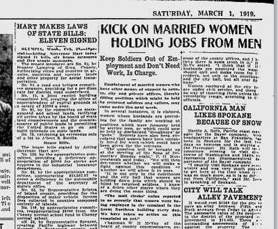 Now that the war was over, men were beginning to question whether married women should be holding down jobs, reported the The Spokane Daily Chronicle on March 1, 1919. (The Spokane Daily Chronicle archives)