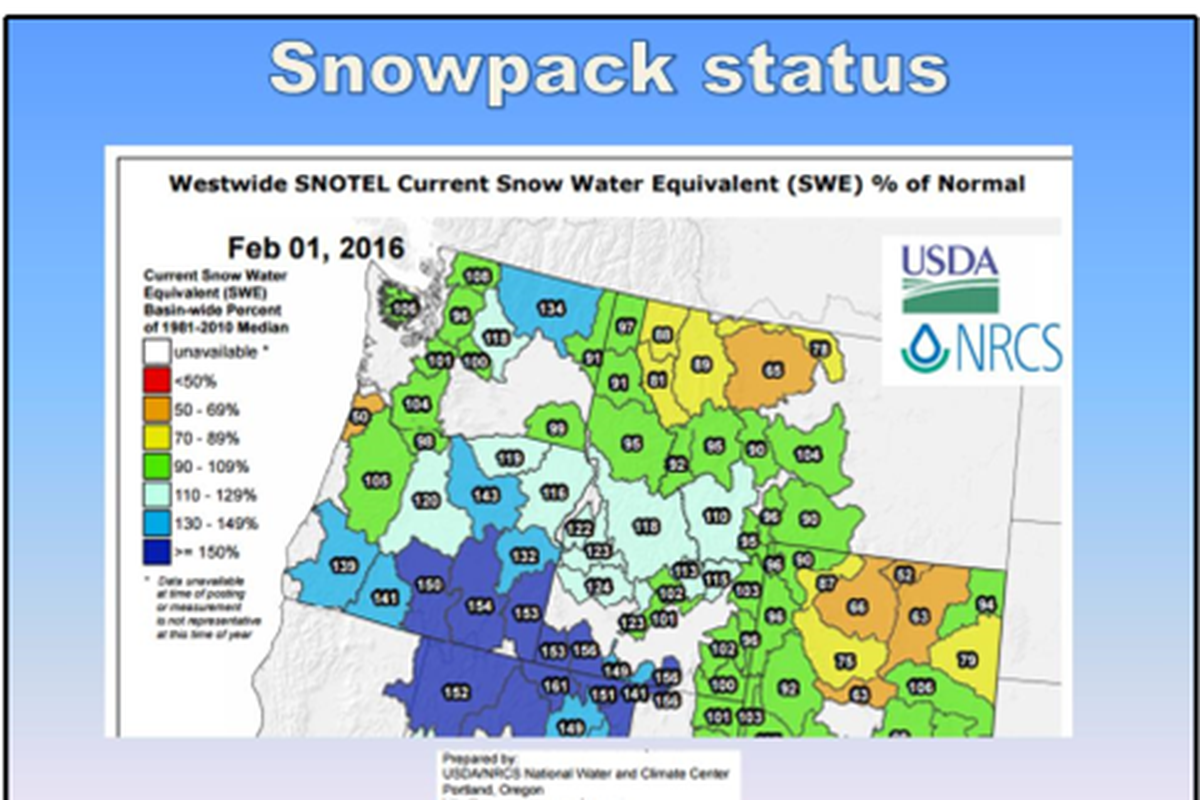 Measured mountain snowpack in the Northwest was near average or above average on Feb. 1, 2016. (U.S. Geological Survey)