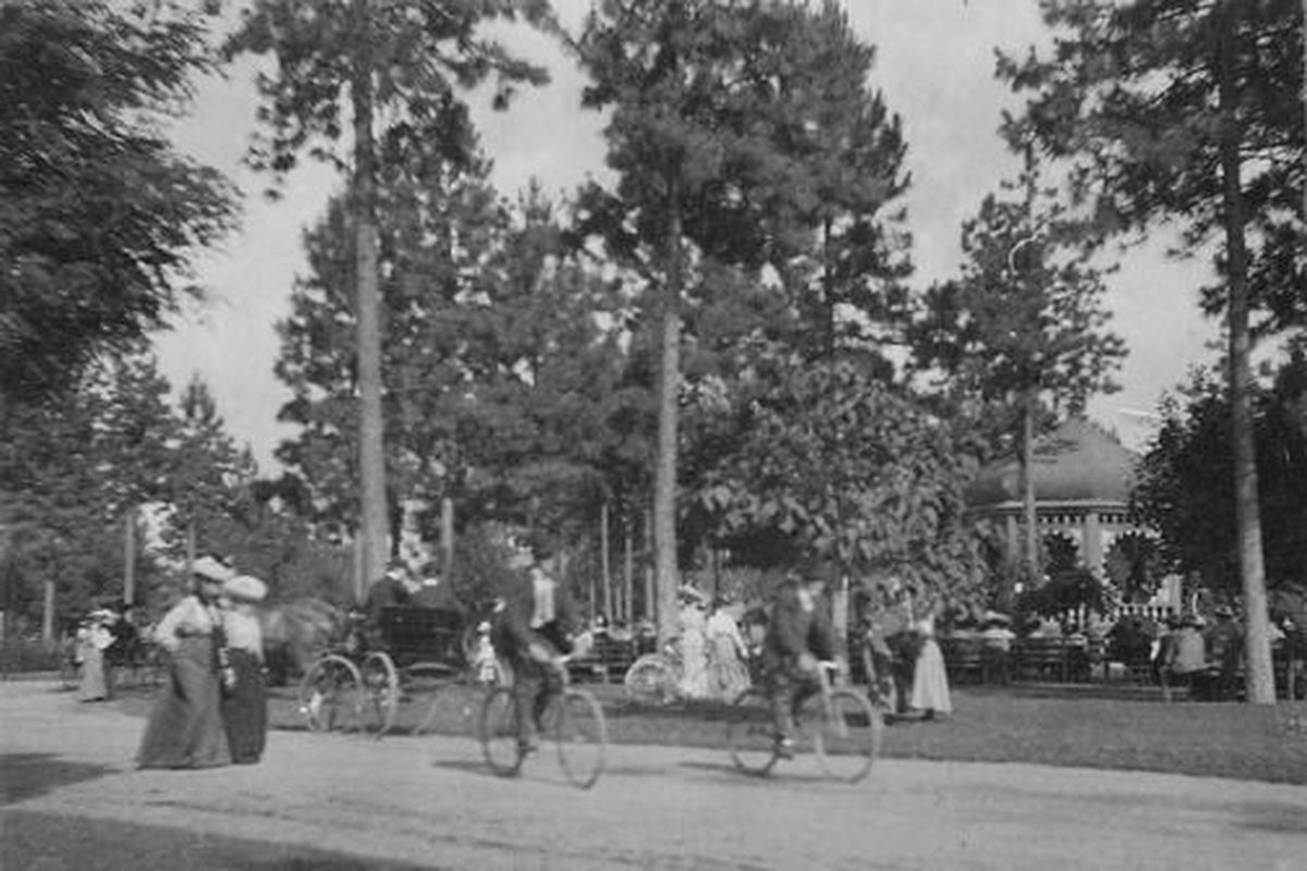 Bicyclists and pedestrians make their way through Coeur d’Alene Park in the 1890s. The Browne’s Addition park opened in 1891.  (Friends of Coeur d