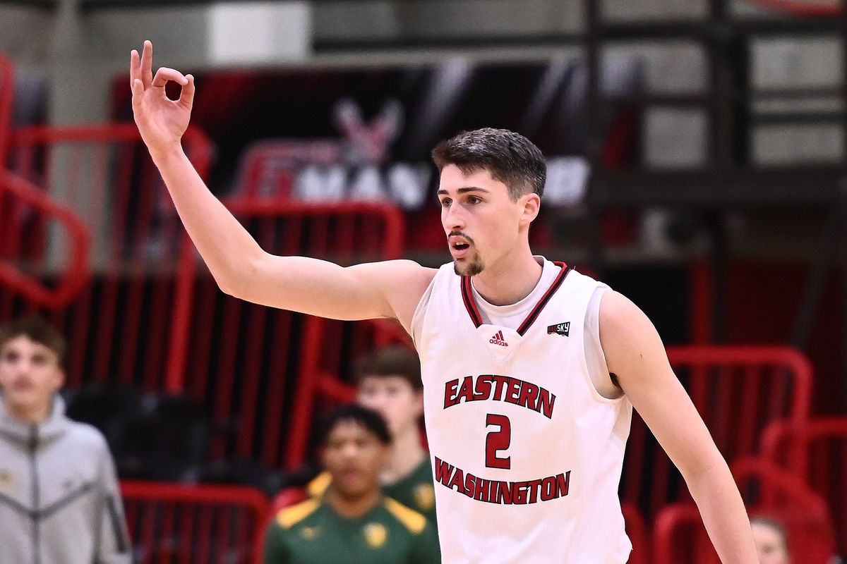 Eastern Washington guard Steele Venters celebrates an Eagles 3-pointer against North Dakota State in the second half on Dec. 3 at Reese Court in Cheney.  (James Snook/For The Spokesman-Review)