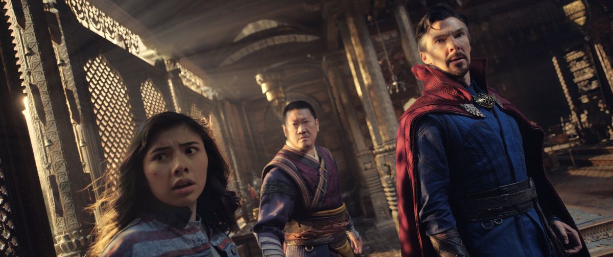 Xochitl Gomez, Benedict Wong, and Benedict Cumberbatch in "Doctor Strange in the Multiverse of Madness."   (Marvel Studios)