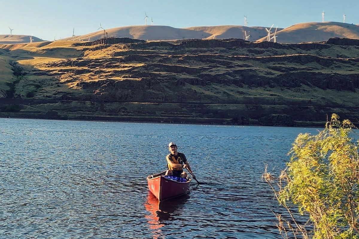 Thorin Loeks, of Whitehorse, Yukon Territory, Canada, paddles up the lower Snake River west of Lewiston in late August. Loeks was attempting to paddle from Astoria, Oregon, to the Gulf of Mexico via the Columbia, Snake, Missouri and Mississippi rivers.  (Courtesy photo)