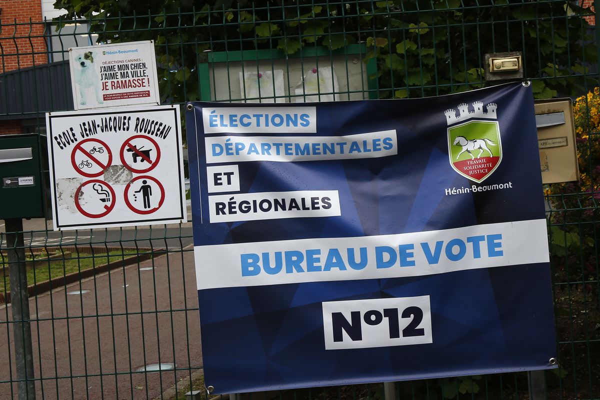 The voting booth for the regional elections in Henin-Beaumont, northern France, Friday, June 25, 2021. Marine Le Pen