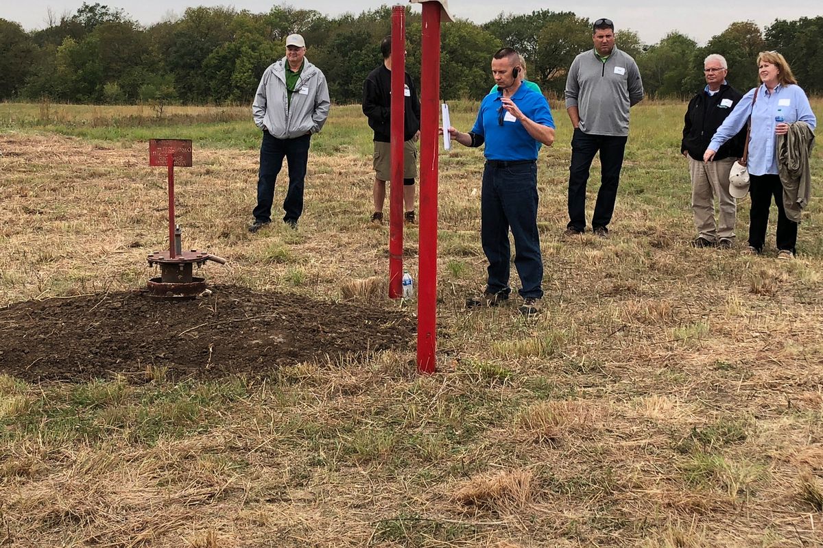 NioCorp Chief Operating Officer Scott Honan tells a group of investors about the plans for a proposed mine in southeast Nebraska, on Oct. 6, 2021 in Elk Creek, Neb. The company hopes to build a mine in to extract critical minerals if it can raise $1 billion.  (Josh Funk)
