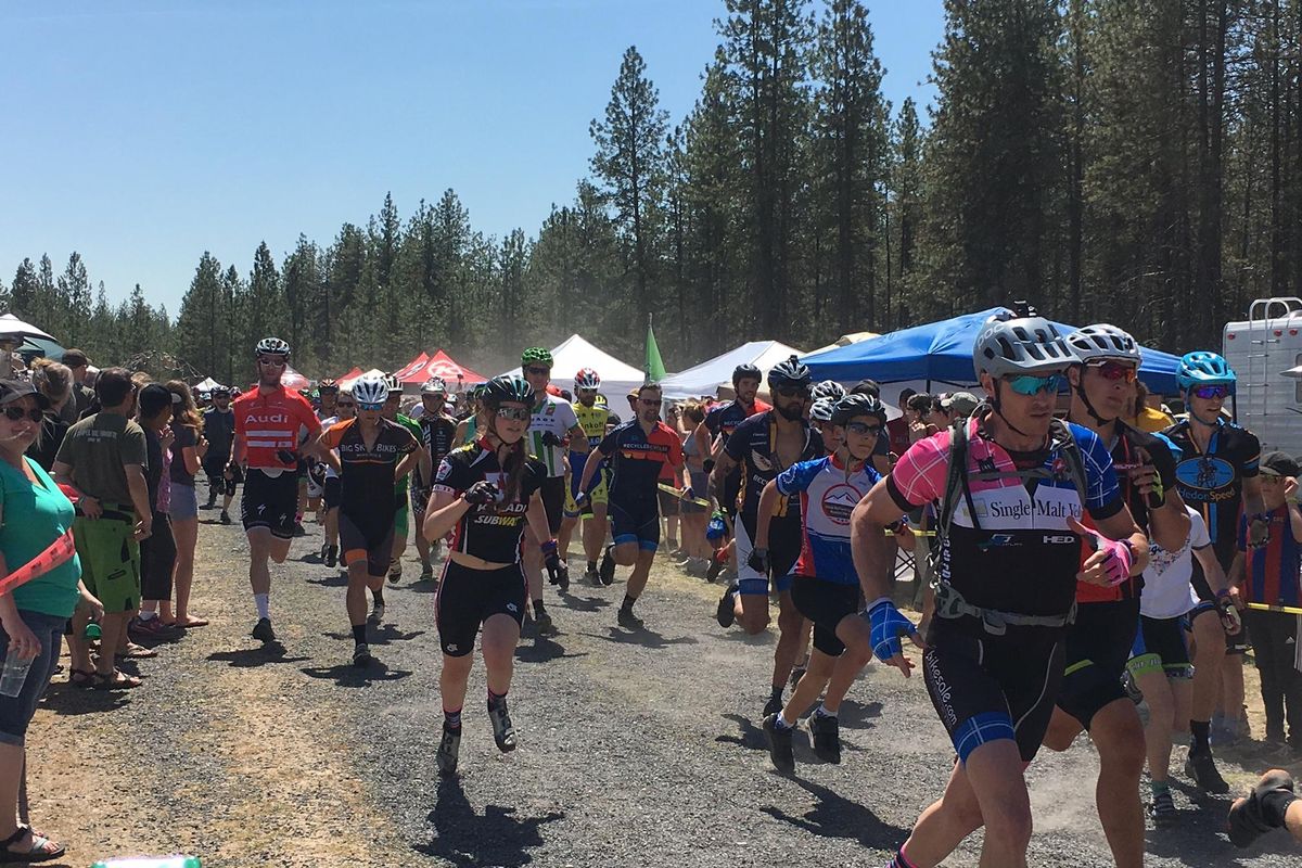 Mountain bikers started the 24-hour “Round the Clock” race with a 600 meter run before they could get on their bikes on Saturday, May 27, 2017. (Nina Culver)