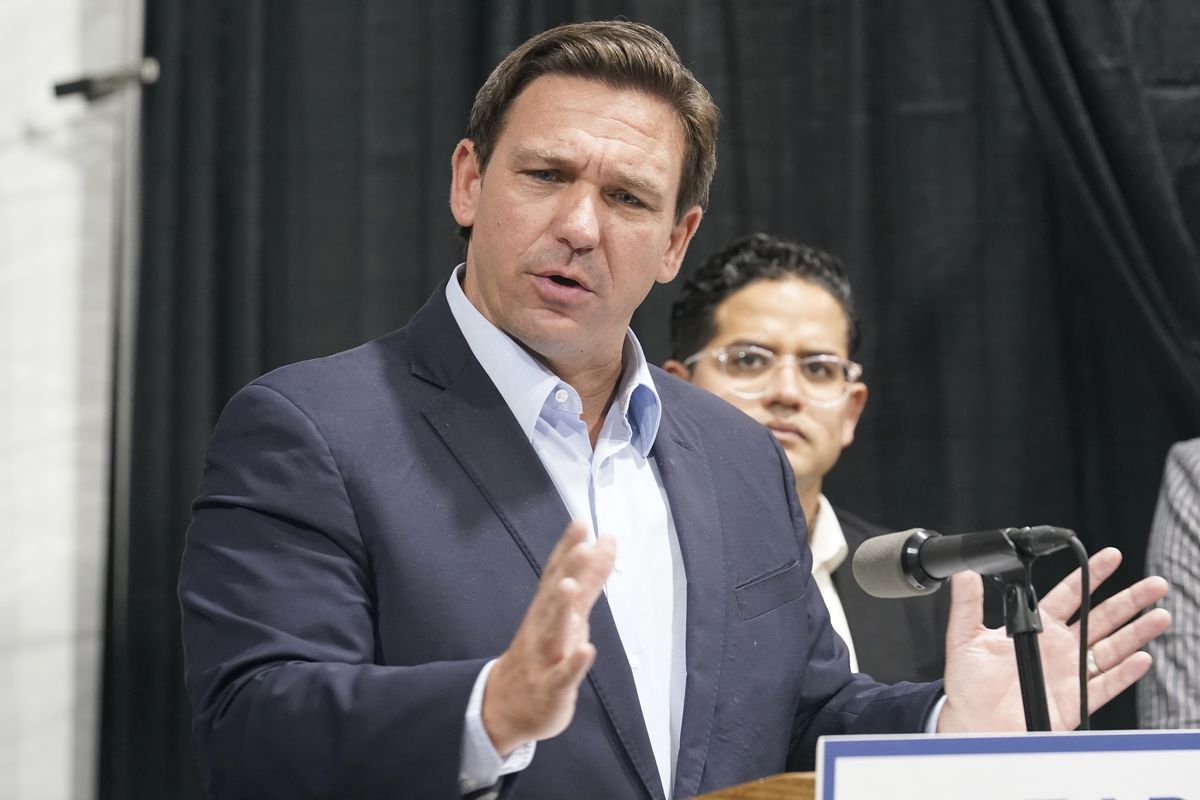 Florida Governor Ron DeSantis speaks at the opening of a monoclonal antibody site Wednesday, Aug. 18, 2021, in Pembroke Pines, Fla. The site at C. B. Smith Park will offer monoclonal antibody treatment sold by Regeneron to people who have tested positive for COVID-19.  (Marta Lavandier)