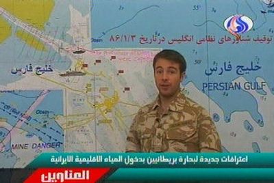 One of the captured British sailors stands in front of a map of the Persian Gulf in this video aired Sunday.
(Associated Press / The Spokesman-Review)