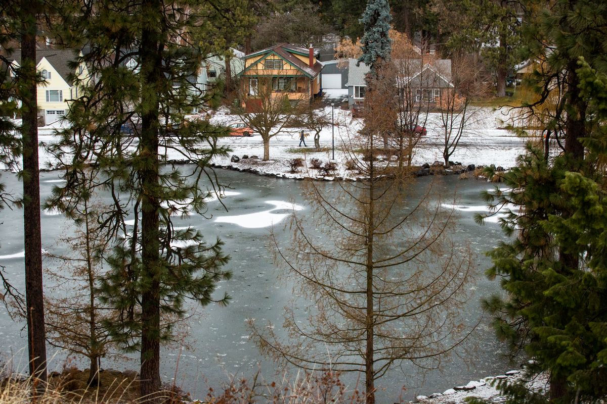 Window to the mirror: A break in the trees along the upper terrace trail in Manito Park gives way to a view of a mostly-frozen-over Mirror Pond on Monday, Nov. 30 in Spokane, Wash. A brief morning of snow gave way to brisk winds and a dreary grey sky on the South Hill.  (Libby Kamrowski/The Spokesman-Review)