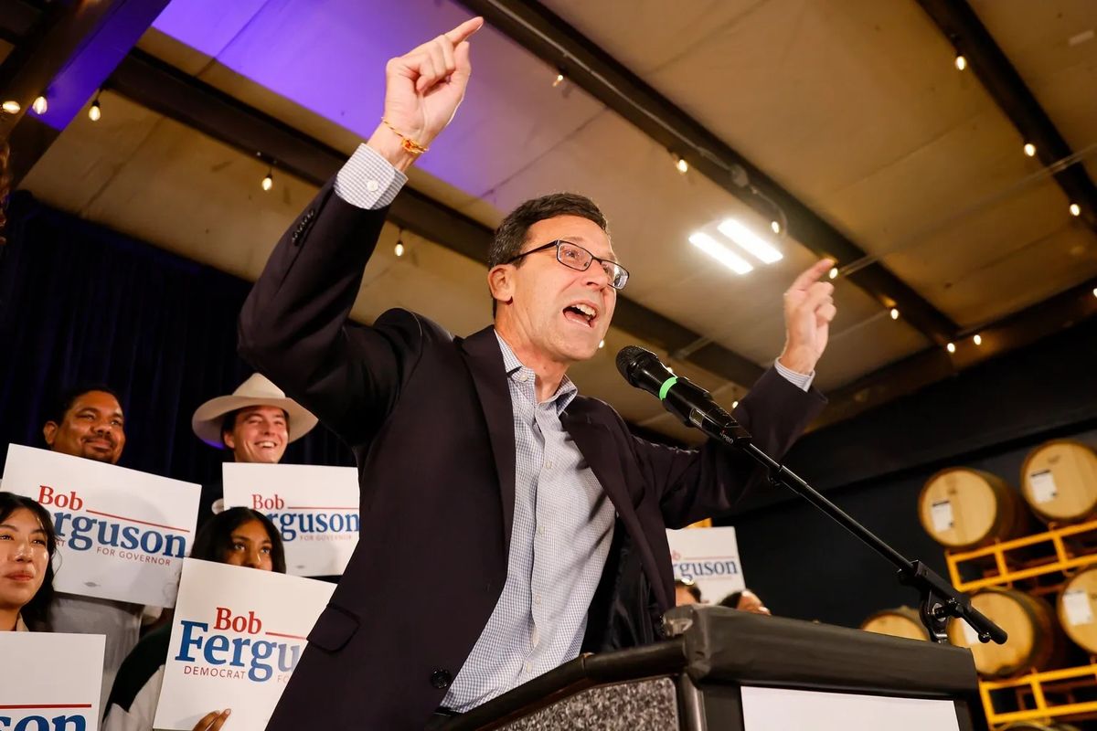 Gubernatorial candidate Bob Ferguson speaks to gathered supporters at his watch party on primary night Tuesday in Seattle.  (Jennifer Buchanan/Seattle Times)