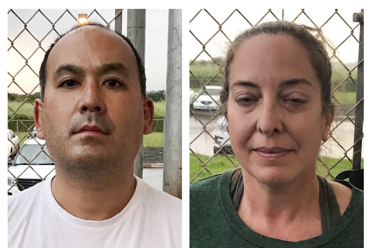 This photo combination of images provided by the Kauai Police Department shows Wesley Moribe, left, and Courtney Peterson, in Lihue, Hawaii, on Nov. 29, 2020. Authorities say the couple were arrested at a Hawaii airport after traveling on a flight from the U.S. mainland despite knowing they were infected with COVID-19. The Kauai Police Department says Moribe and Peterson were arrested on suspicion of second-degree reckless endangering.  (HOGP)