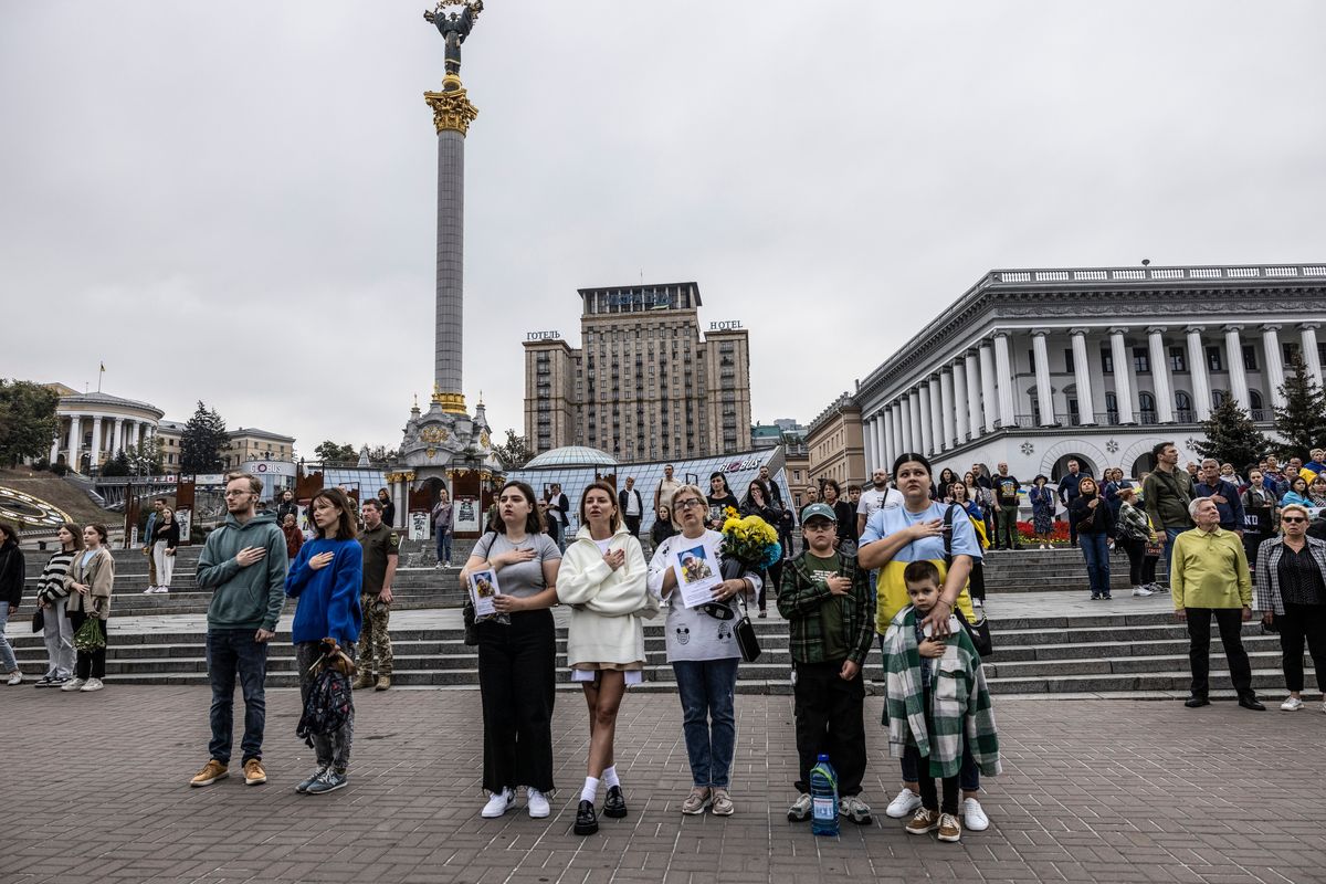 Ukrainians gather in Maidan Square in Kyiv to observe the Day of the Defenders holiday on Oct. 1. MUST CREDIT: Photo for The Washington Post by Heidi Levine  (Heidi Levine/For The Washington Post)