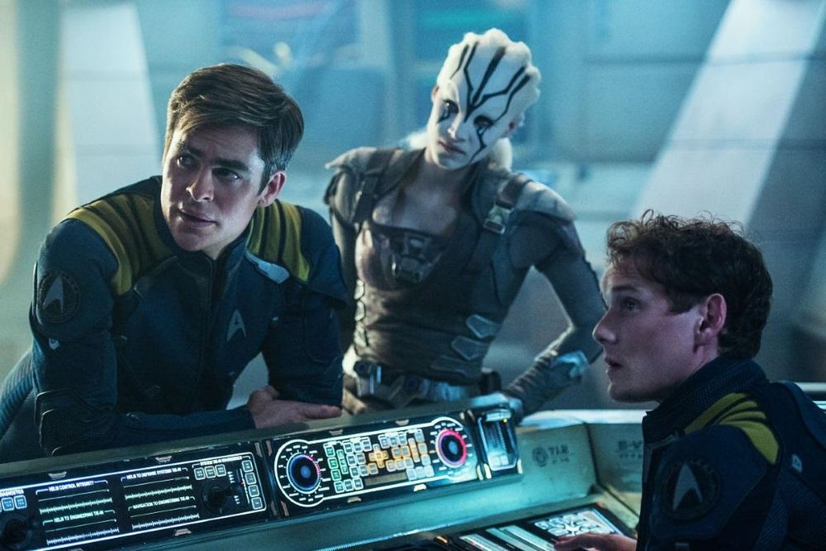 Left to right: Chris Pine plays Kirk, Sofia Boutella plays Jaylah and Anton Yelchin plays Chekov in “Star Trek Beyond.” (Kimberley French)