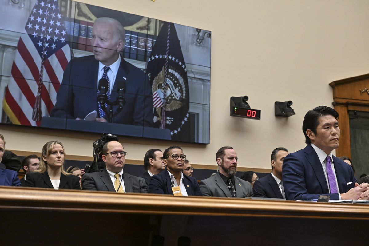 A video of President Joe Biden plays as former special counsel Robert K. Hur, right, listens during a House Judiciary Committee hearing Tuesday on Capitol Hill. MUST CREDIT: Ricky Carioti/The Washington Post  (Ricky Carioti/The Washington Post)