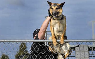 
Everett police Officer Joe Woods helps boost his patrol dog, Hutch, over a fence during obstacle course training  Wednesday.
 (Photos by CHRISTOPHER ANDERSON / The Spokesman-Review)