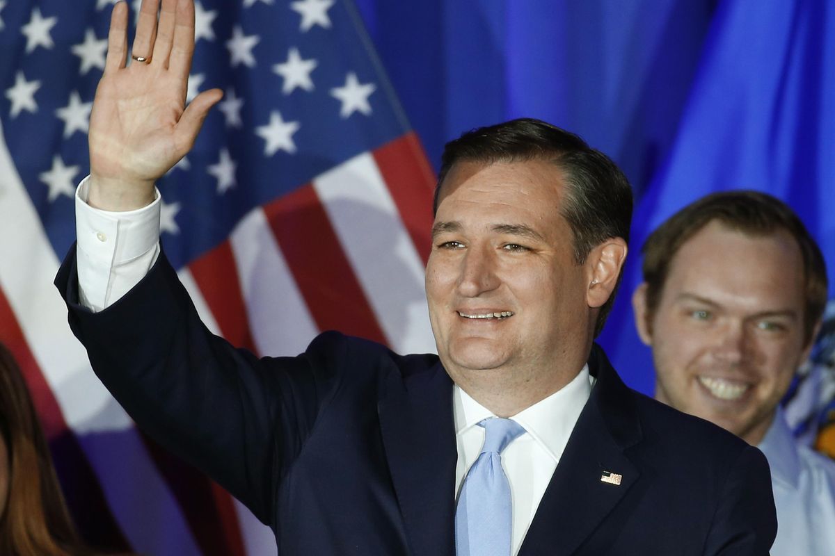 Republican presidential candidate Sen. Ted Cruz, R-Texas, waves during a primary night campaign event, Tuesday, April 5, 2016, in Milwaukee. (Paul Sancya / Associated Press)