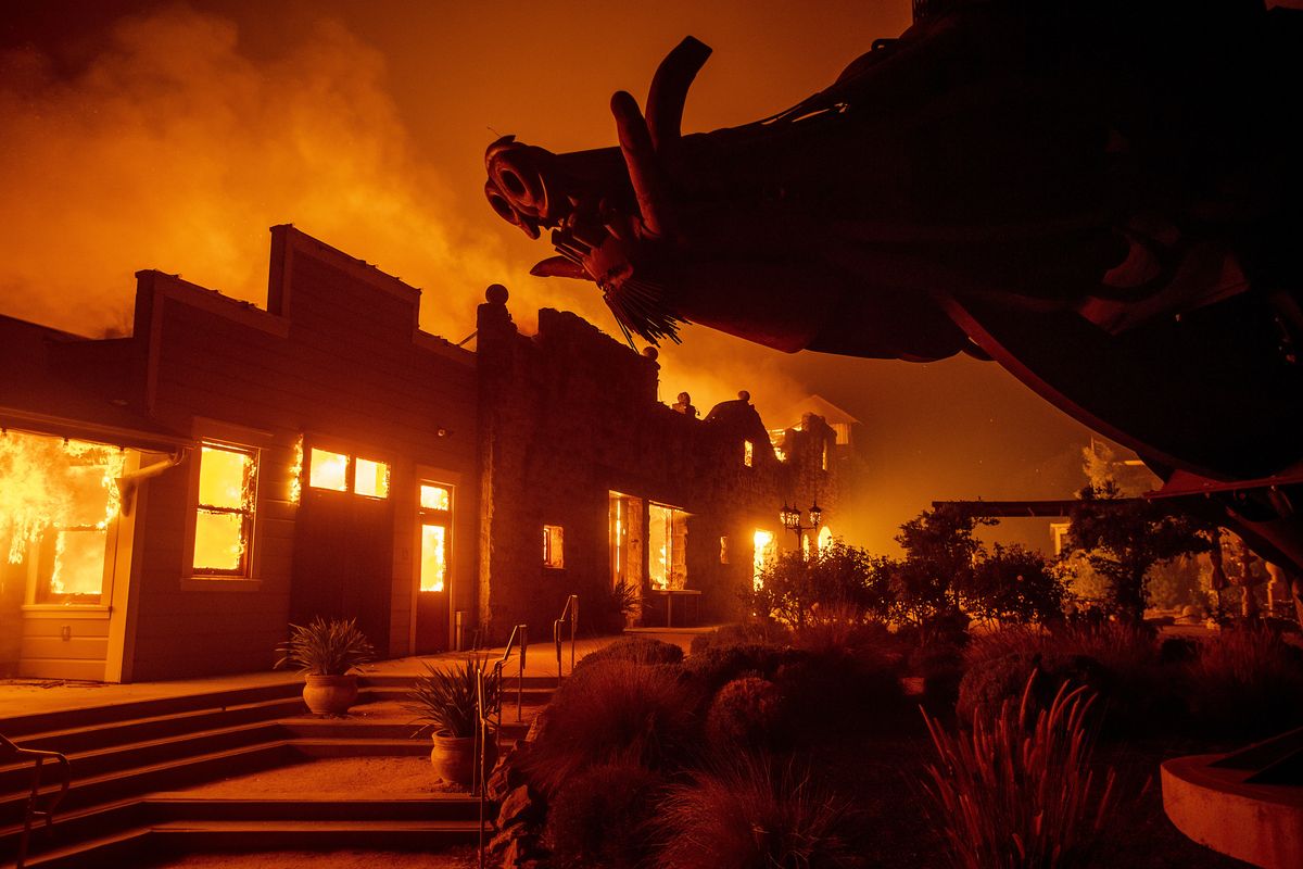 Flames from the Kincade Fire consume Soda Rock Winery on Oct. 27, 2019, in Healdsburg, Calif.  (Noah Berger)