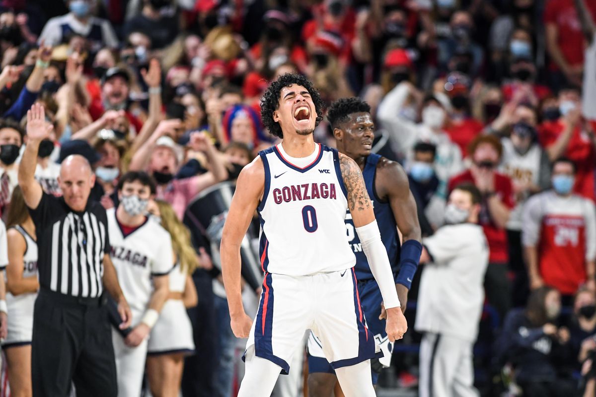 Gonzaga guard Julian Strawther roars with delight after a BYU turnover, Thursday, Jan 13, 2022 in the McCarthey Athletic Center. Strather had just a a 3-point shot before the Cougar error.  (Dan Pelle/THE SPOKESMAN-REVIEW)