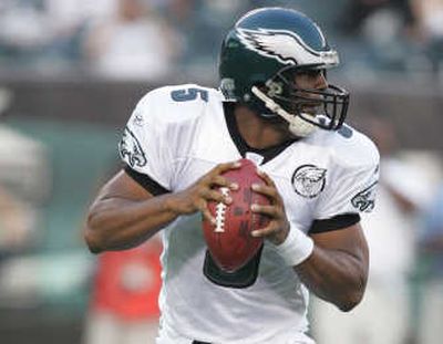 
Philadelphia quarterback Donovan McNabb sets to throw in the first half of a preseason game against Carolina on Friday.Associated Press
 (Associated Press / The Spokesman-Review)