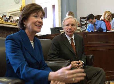 
Sen. Susan Collins, R-Maine, chairman of the Senate Governmental Affairs Committee, and the committee's ranking Democratic member, Sen. Joseph Lieberman, D-Conn., discuss pending intelligence reform legislation on Thursday. Both senators said they expect Congress to approve a compromise bill this week. 
 (Associated Press / The Spokesman-Review)