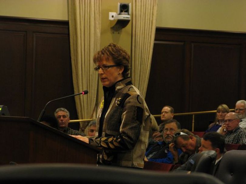 Leah Southwell of Coeur d'Alene testifies in favor of HB 117, the health care nullification bill, at a Senate committee hearing on Friday morning. She urged senators to 