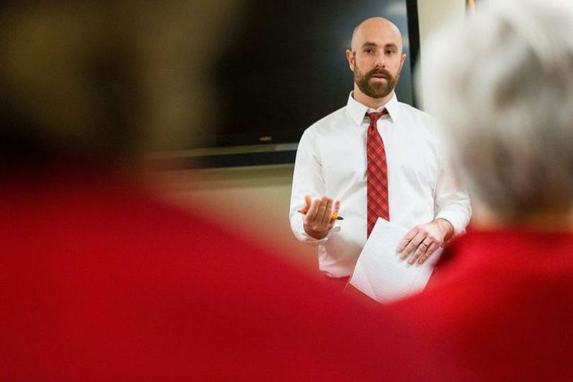 Idaho state Rep. Luke Malek speaks to a group of nearly 50 about the current issues in the House during a pre-legislative session send-off at Coeur d’Alene Fire Department Station 3 on Wednesday evening. (Shawn Gust / Coeur d'Alene Press)