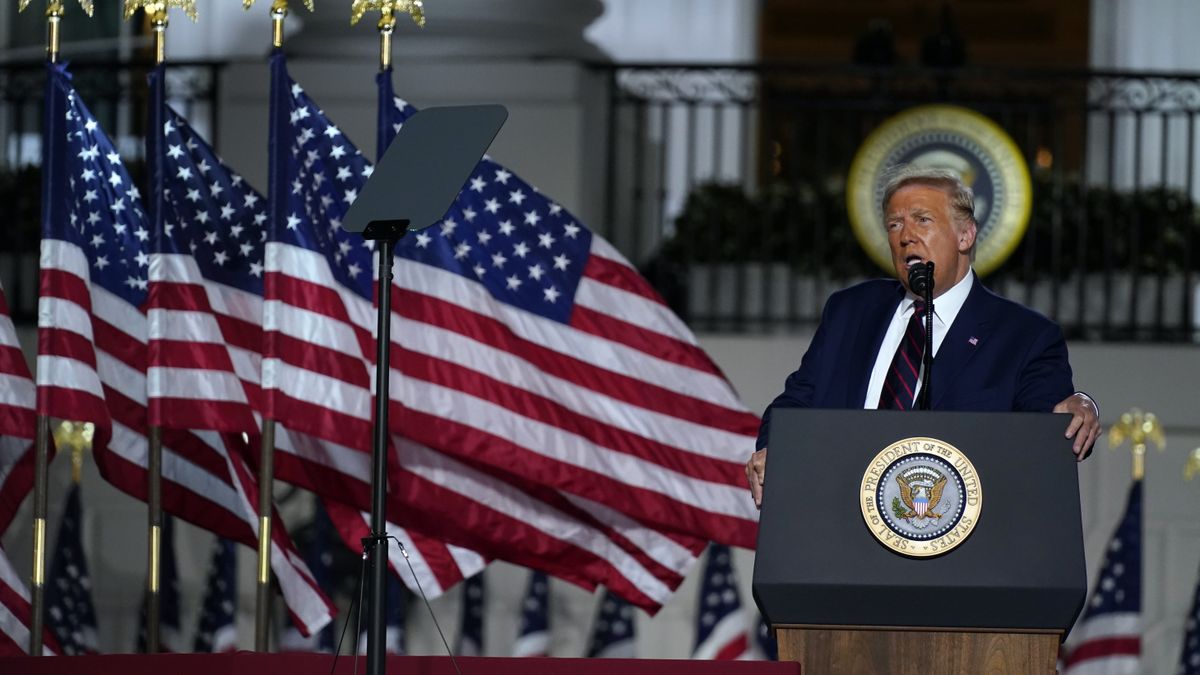 President Donald Trump speaks from the South Lawn of the White House on the fourth day of the Republican National Convention, Thursday, Aug. 27, 2020, in Washington.  (Evan Vucci)