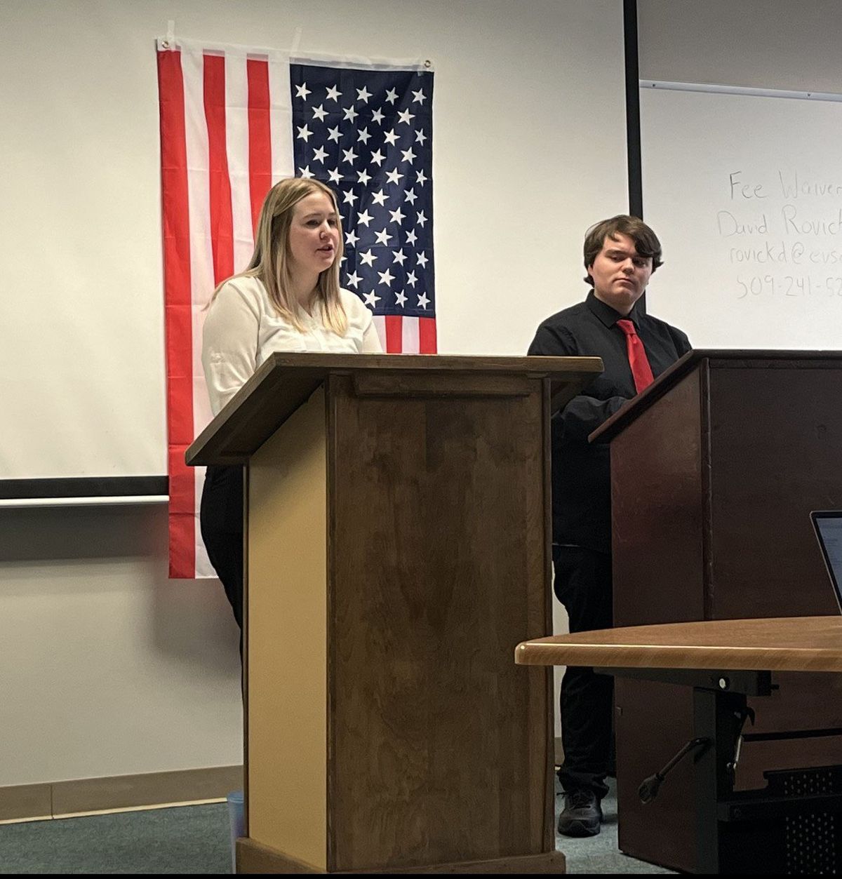 East Valley High School Seniors Hadley Forsman and Levi Tanner representing presidential candidates Kamala Harris and Donald Trump, respectively, at a debate in Lori Merkel's AP government class on Oct. 30, 2024. The whole school is to watch a recording of their debate before voting in a school-wide mock election.   (Elena Perry/The Spokesman-Review)