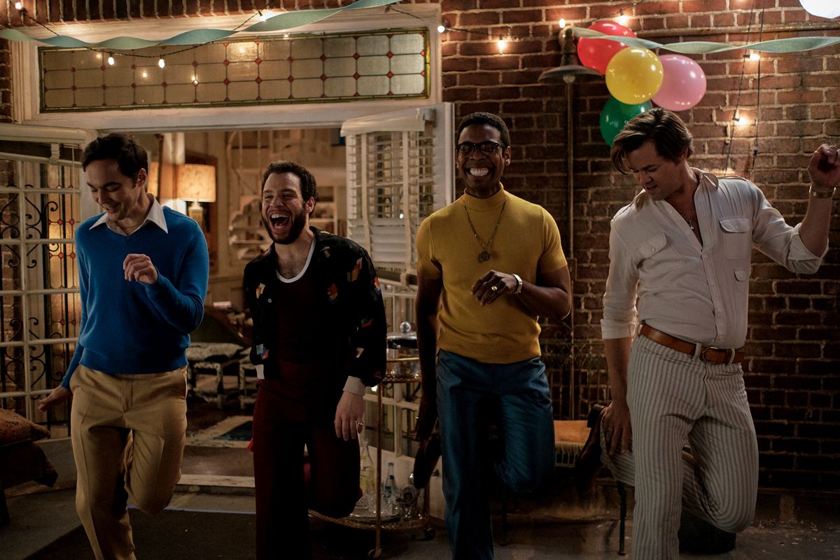 Jim Parsons, Robin de Jesus, Michael Benjamin Washington and Andrew Rannells, left to right, in “The Boys in the Band.”  (Scott Everett White/Netflix)