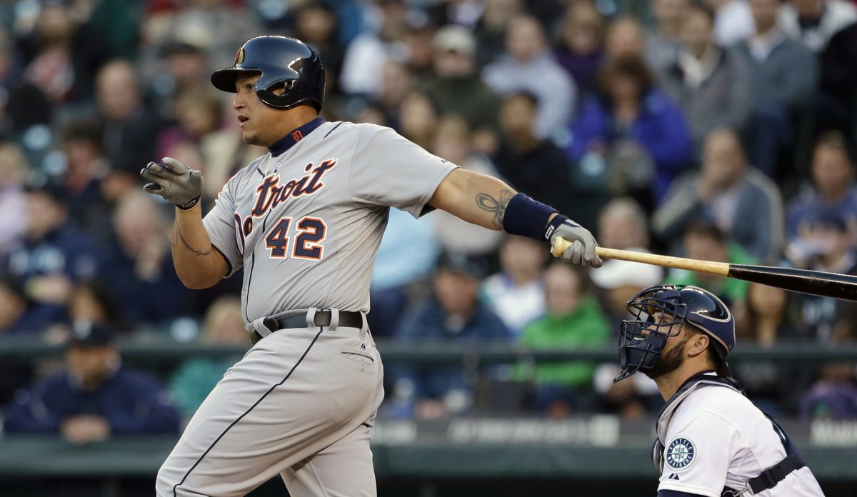 Miguel Cabrera singles in a run in the first inning for the Tigers. He finished with three hits and four RBIs in win over Seattle. (Associated Press)