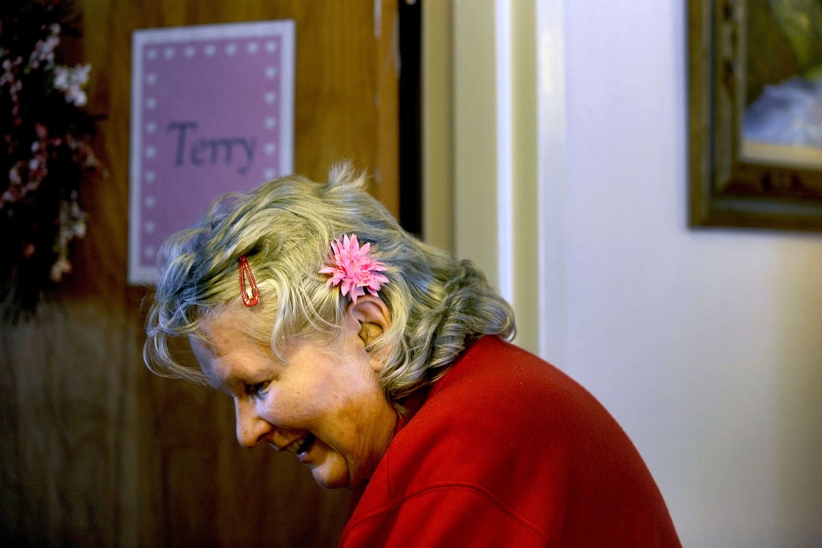 “I’ve been here for two years,” Terry Paulus says as she makes her way back to her room at Community Restorium in Bonners Ferry on Wednesday. Boundary County owns and operates the assisted-living facility. (Kathy Plonka)
