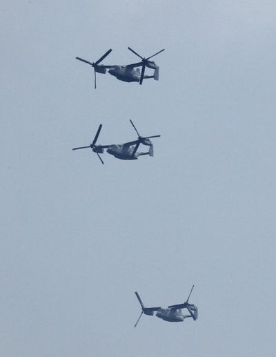 U.S. Osprey tiltrotor aircraft participate in the Foal Eagle military exercises in Pohang, south of Seoul, South Korea. (Associated Press)