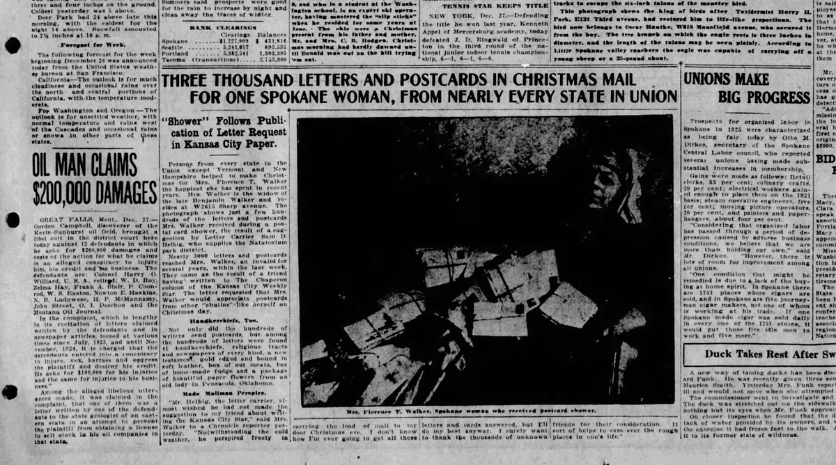 Florence T. Walker of Spokane was showered with nearly 3,000 postcards and letters after a friend wrote to a Kansas city newspaper and said Mrs. Walker “would appreciate postcards from other ’shut-ins’ like herself on Christmas day," the Spokane Daily Chronicle reported on Dec. 27, 1924.  (Spokesman-Review archives)