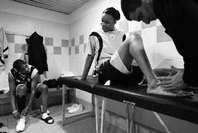 
Elizur Ramle's  Plenette Pierson, right, and teammate LaToya Thomas prepare before a game in Israel. 
 (Associated Press / The Spokesman-Review)