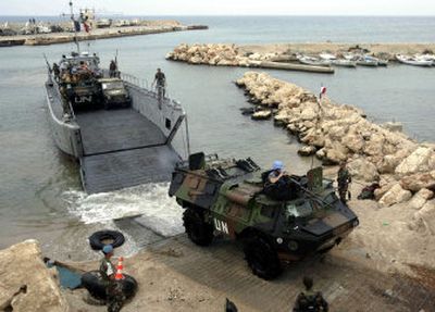 
United Nations peacekeepers from France drive ashore in the southern town of Naqoura, Lebanon, on Saturday. About 200 more French peacekeepers are expected next week. 
 (Associated Press / The Spokesman-Review)
