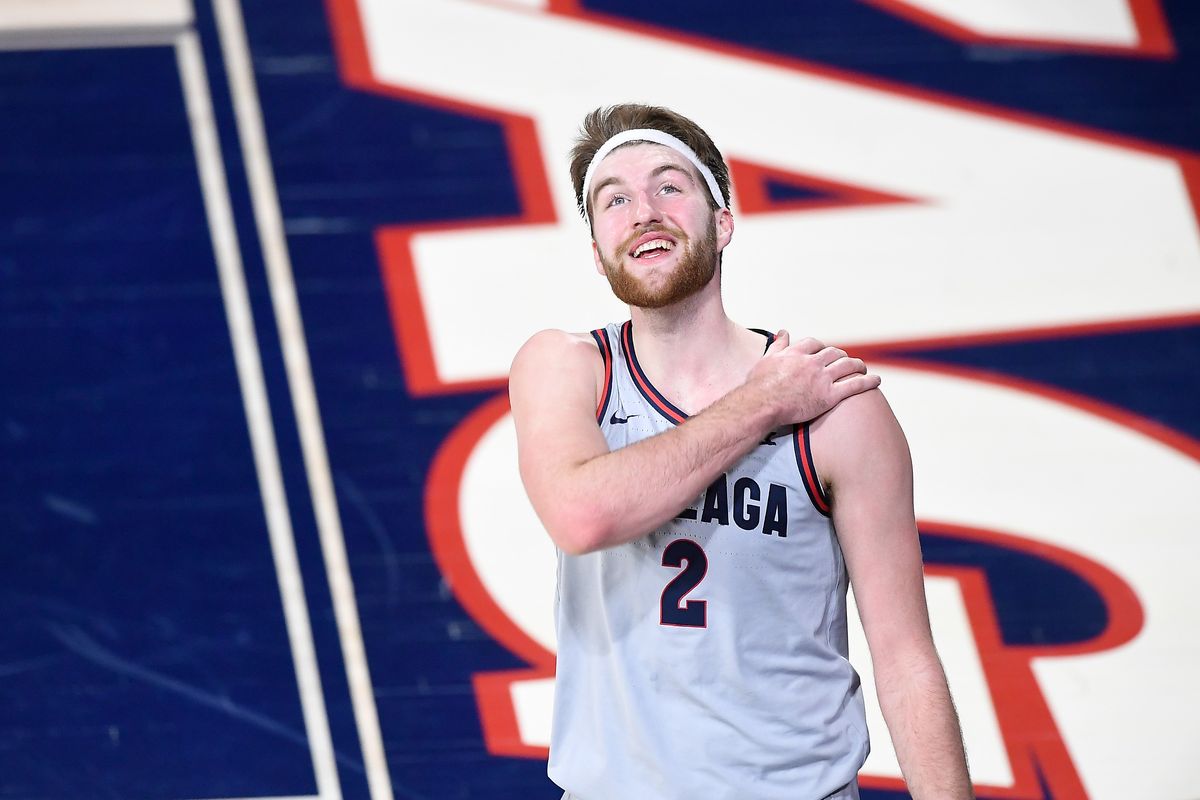 Gonzaga Bulldogs forward Drew Timme (2) reacts after he picked up a foul from the Pacific Tigers during the first half of a college basketball game on Saturday, January 23, 2021, at McCarthey Athletic Center in Spokane, Wash. Gonzaga led 52-21 at the half.  (Tyler Tjomsland/THE SPOKESMAN-RE)